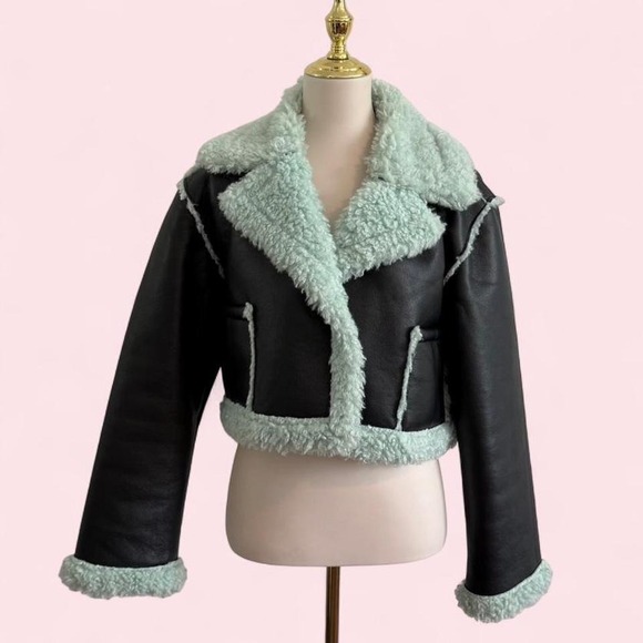 ASOS Jackets & Blazers - ASOS Black Faux‎ Leather & Mint Shearling Cropped Aviator Jacket